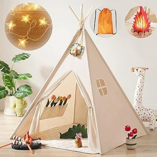 Tiny Land Teepee Tent for Kids with Star Lights, Foldable Play Tent for Girls & Boys, Washable Indoor Toddler Tent, Cozy Warm Reading Nook & Room Decor
