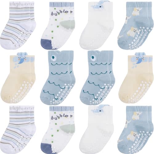 Non Slip Grip Ankle Baby Socks 12 Pack for Toddler Boys and Girls Kids,Infant Cute Cotton Baby Socks