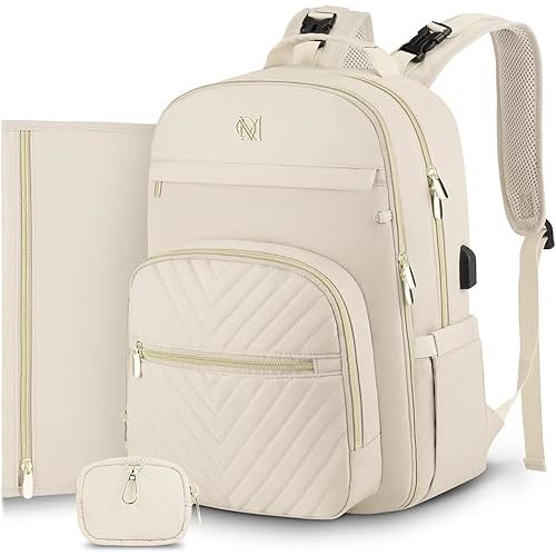 MOMUVO Diaper Bag Backpack, Quilted Baby Bag with Changing Pad and Stroller Straps and Pacifier Case, Multifunction Waterproof Travel Diaper Bags, Unisex, Beige