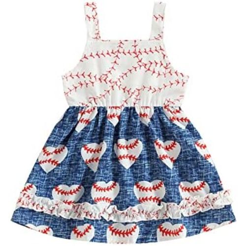 BULINGNA Infant Baby Girl Summer A-line Dress Sleeveless Sling Heart Baseball Printed Mini Dress