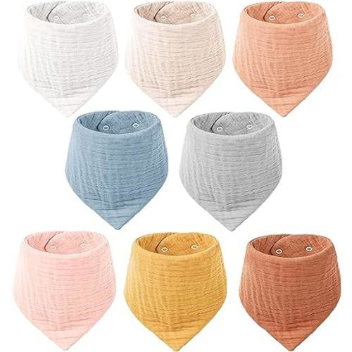 Konssy Muslin Baby Bibs 8 Pack Bandana Drool 100% Cotton for Unisex Baby, Solid Colors Set Teething and Drooling