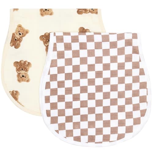 LifeTree Muslin Baby Burp Cloths - 2 Pack 70% Viscose from Bamboo and 30% Cotton Large 22'' by 10'' Absorbent Milk Spit Up Rags - Burping Cloths for Newborn, Girls Boys, Bear and Checkered