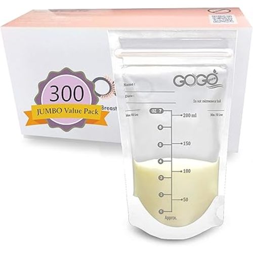 300 Count JUMBO Pack Breastfeeding Breastmilk Storage Bags - 7 OZ, EACH PRE-STERILIZED By Gamma Ray, BPA Free, Leak Proof Storing Double Zipper Seal, Self Standing, for Refrigeration and Freezing