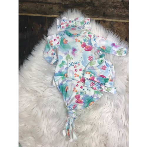 Newborn Girl Coming Home Outfit, Baby Girl Coming Home Outfit, Knotted Gown, Knotted Sleeper, Watercolor Floral Outfit, Premie, Baby Shower
