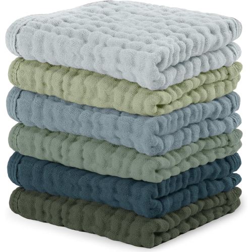 Comfy Cubs Muslin Baby Washcloths 6 Pack - Soft 6-Layer Cotton Wash Cloths for Sensitive Skin - 10"x10" Large, Gentle, Absorbent Infant Essentials for Newborn and Toddlers - Multi Boy
