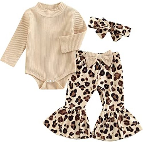 fhutpw Baby Girl Clothes Newborn 3 6 12 18 Months Fall Outfits Ruffle Knitted Long Seeve Romper Top & Flare Pants Sets
