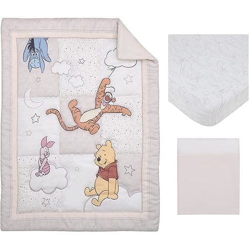 Disney Winnie The Pooh - Blustery Day Grey and White Clouds with Piglet, Tigger and Eeyore 3 Piece Nursery Crib Bedding Set - Comforter, Fitted Crib Sheet and Crib Skirt