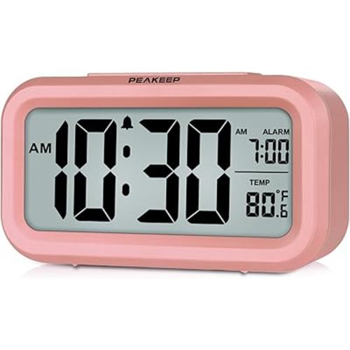 Peakeep Night Light Digital Alarm Clock with Indoor Temperature, Battery Operated Desk Small Clock (Light Salmon Pink)