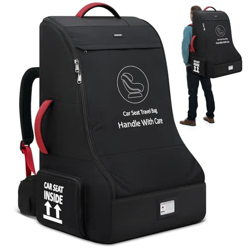 RAINSMORE Padded Car Seat Travel Bag for Airplane Heavy Duty Car Seat Backpack for Air Travel Baby Carseat Cover Bags for Airport Large Car Seats Carrier Fits Car Seats & Booster Seats, Black