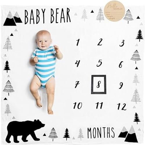 Organic Baby Monthly Milestone Blanket Boy - Baby Bear Months Blanket with Month Marker Frame and Newborn Announcement Disc - Growth Age Blanket for 1-12 Months Milestones, Woodland, 47”x47”