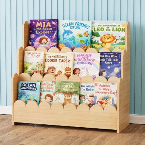 SpaceAid 3-Tier Scalloped Wooden Bookshelf – Montessori-Style Book Display for Kids’ Rooms, Playrooms & Classrooms, Natural Finish