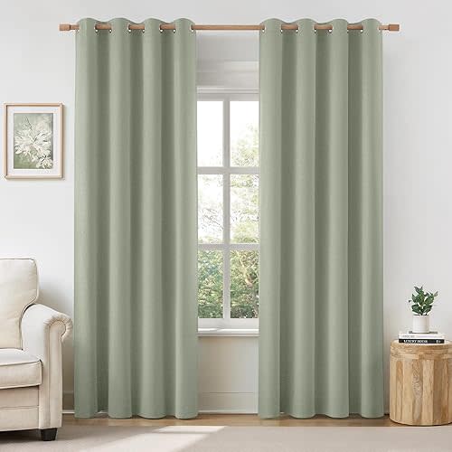 HOMEIDEAS 100% Sage Green Linen Blackout Curtains for Bedroom, 52 x 84 Inch Length 2 Panels Faux Linen Thermal Insulated Black Out Grommet Window Drapes for Living Room