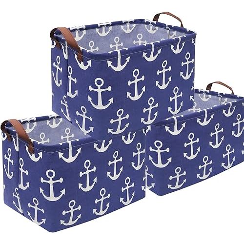 3Pack Rectangular Canvas Storage Bins,Waterproof Storage Basket,Collapsible Toy Organizer Bin with Handles for Clothes Storage, Kid's Toy Box,Book Bag (3Pack Navy blue anchor)