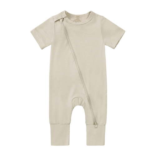 Baby Bodysuit Kids Short Sleeve Solid Footless Zipper Sleeper Jumpsuit Baby Romper Khaki 0 Months-3 Months