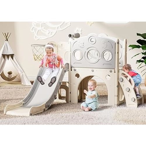Babytronic Toddler Slide, 8 in 1 Kids Slide with Basketball Hoop, Telescope and Climber, Baby Slide Toddler Playground, Indoor Outdoor Playset for Toddlers Age 1-3, Kids Indoor Playground (White&Gray)