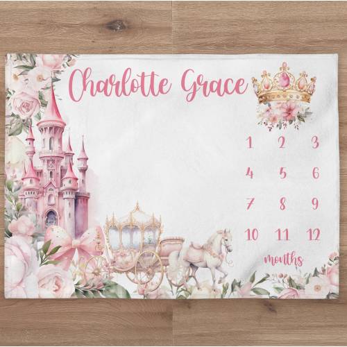 Princess Milestone Blanket Personalized Baby Girl Month Castle Blanket Floral Nursery Custom Newborn Age Tracker New Mom Baby Shower Gift