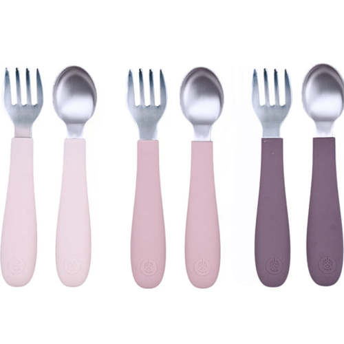 Stainless Steel & Silicone Toddler Utensils – Matte Blue/Off White/Pink – Set of 6 (3 Forks + 3 Spoons)