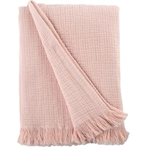 Sticky Toffee Muslin Throw Blanket 50x60 in – Blush Pink Lightweight 100% Cotton Blanket with Fringe, Soft and Breathable, for Couch or Bed, Oeko-Tex Cotton
