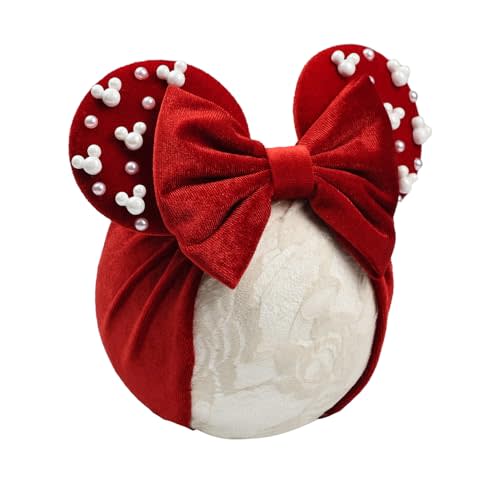 JIAHANG Baby Girl Velvet Mouse Ears Turban Headwrap with Pearls, Wide Velour Hairband, Red Hair Bow Headband for Toddler, Kids, Party Supplie