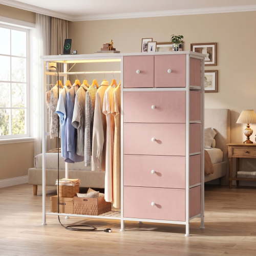 BEAUTYPEAK 6-Drawer Fabric Dresser with Hanging Rack LED Lighting Built-in Charging Station Multi-Purpose Closet, Pink