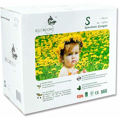 ECO BOOM Baby Bamboo Biodegradable Diapers Infant Nature Disposable Diapers Eco Friendly Nappies for Babies Size S 108 Count-Pack - S-108 Count