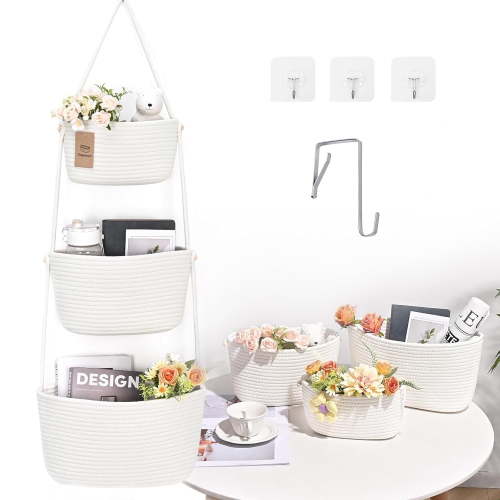 Natubeau Hanging Storage Baskets, 3-Tier Wall Mount Storage Baskets Organizer, Detachable Hanging Door Basket with 4 Hooks, Over the Door Organizer Nursery for Bedroom, Bathroom Wall, White