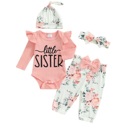 Infant Baby Girls Fall 4PCS Outfits Set Long Sleeve Sister Romper Floral Pants Headband Hat Clothes