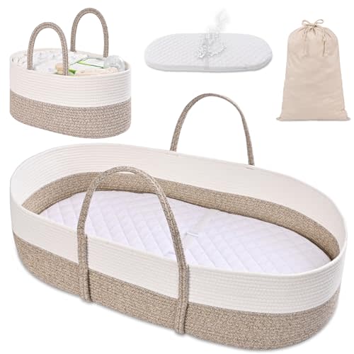 Changing Baskets Set, Moses Basket with Pad and Diaper Caddy, Set of 2 Baskets, Portable Cotton Rope Woven Basket, Baby Care Pad, Gifts for Newborn 28.7" x 15.7" x 7.8"(Brown)
