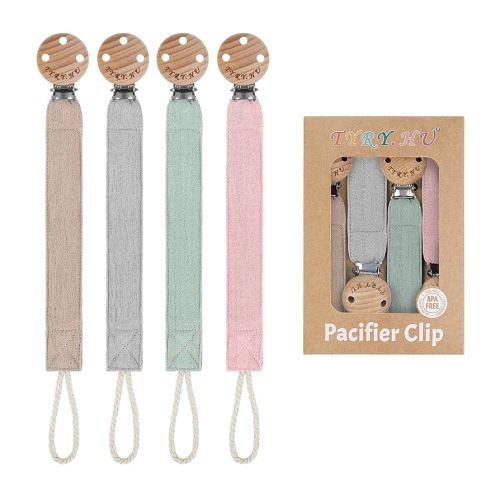 TYRY.HU Ribbon Pacifier Clip Holder,4 Pack Binky Paci Holder Clips, Pacifier Leash for Boys and Girls, Soft Webbing Strap Universal Fits for Most Pacifier, Styles & Teethers(Khaki,Grey,Green,Pink)
