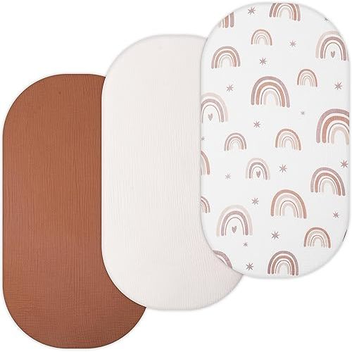 TansyPanda Muslin Bassinet Sheets for Dream On Me Karley, Lacy, Graco, Fisher-Price, Regalo Bassinet, 3 Pack, 16 x 32 Inch, Ultra Soft, Breathable, Snug Fit, Unisex Boys and Girls, Brown Rainbow