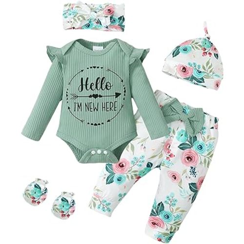 Newborn Baby Girl Clothes Hello I'm New Here Letter Romper+Floral Pants+Hat+Headband+Coming Home Outfits