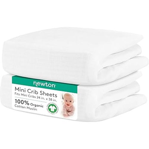 Newton Baby Mini Crib Fitted Sheets (2-Pack) | Organic Muslin Cotton, 100% Breathable & Soft Baby Sheets, Machine Washable Baby Mattress Sheets, Fits Any Mini Sized Crib 24" x 38", White