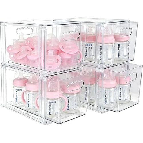 Bottle Storage Organizer Baby 4 Pack Clear Bottle Organizer Baby Acrylic Storage Containers with Handle Stackable Acrylic Drawers for Countertop, Cabinet, Vanity, Pantry