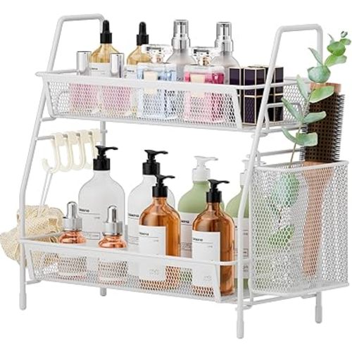 VITVITI 2-Tier Bathroom Organizer Countertop, Metal Wire Mesh Bathroom Counter Organizer Storage with Basket Hooks, Vanity Tray Shelf, Kitchen Spice Rack, Small White