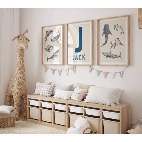 Personalized Wall Art for Kids Room Custom Shark Name Decor, Nursery and Playroom Decor, Shark Themed Gifts Decorations Set of 3 Prints 376A