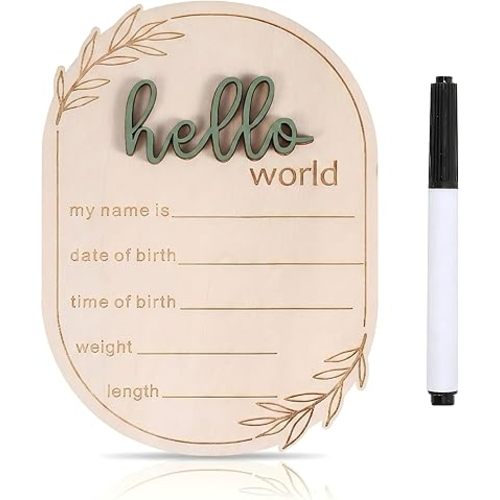 Baby Announcement Sign with Pen, Wooden Hello World Newborn Sign for Hospital, 3D Birth Announcement Board, Welcome Baby Name Signs for Nursery, Newborn Gift for Boy & Girl,Olive Branch