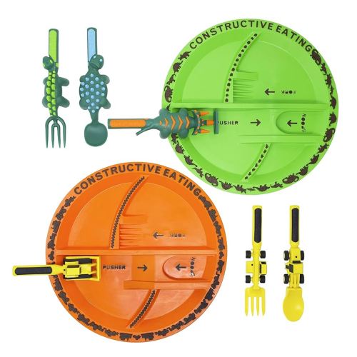 Constructive Eating Made in USA Construction and Dinosaur Combo with 2 Utensil Sets and 2 Plates for Toddlers, Infants, Babies and Kids - Made With Materials Tested for Safety