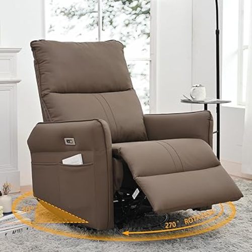 Power Swivel Rocker Recliner Chair for Nursery, Upholstered 270° Swivel Glider Rocker Chair with USB Ports, Small Power Recliners for Small Spaces Living Room (Brown)
