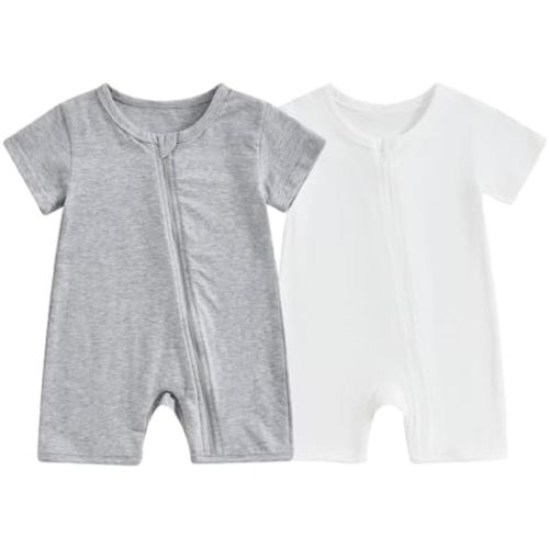 Merqwadd Baby Boy Girl 2 Pack Romper Short Sleeve Zipper Jumpsuit Plain Summer Clothes