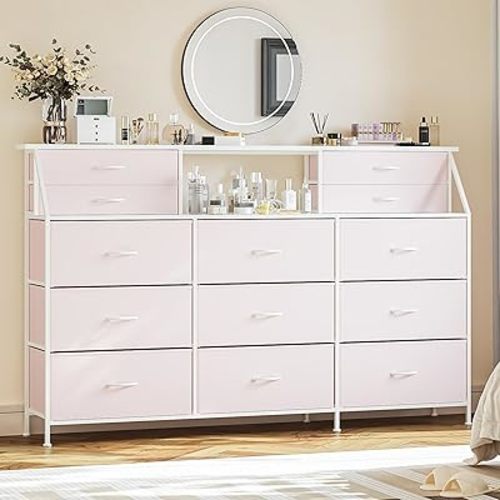PUKAMI 72" Long Dresser for Bedroom, 13 Pink Fabric Drawers Dresser for Girls Closet, Wide Chest of Drawers with Two Open Shelves, Large TV Stand for 70,80 Inch TV, Wood Top, Pink