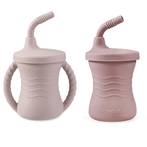 PandaEar 2 Pack Silicone Baby Training Cup, Shatterproof Toddler Sippy Cups with Straw Drinking Sippy Cups for Baby and Toddler 6 Months+ 5 Oz (Dark Pink/Light Pink)