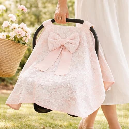 Luxury Baby Car Seat Canopy Cover with Elegant Floral Lace & Oversized Bow, Breathable Infant Car Seat Cover for Newborns, Privacy Baby Carrier Cover, Universal Infant Carrier Canopy, Shower Gift