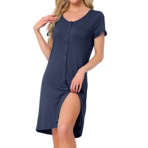INSPIRE CHIC Women's Short Sleeve Button Down Crewneck Night Dress