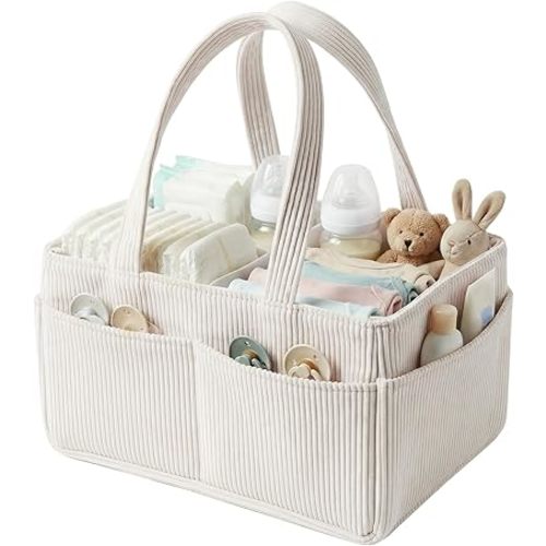 Baby Nappy Caddy Organiser Portable Corduroy Diaper Caddy Storage Basket with Handle for Newborn Essentials, Baby Shower and Diaper Station Sand (Beige, 1Pack)