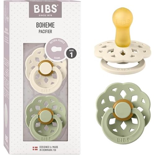 BIBS Pacifiers - Boheme Collection | BPA-Free Round Nipple | Nautral Rubber Latex | Made in Denmark | Set of 2 Ivory/Sage Color Premium Soothers | Size 0-6 Months