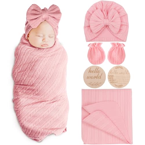 AQOKKA Newborn Receiving Blanket with Bow Hat Mittens Wooden Card Set Wheat-Pattern Newborns Toddler Baby Boy Girl Nursery Swaddle Wrap