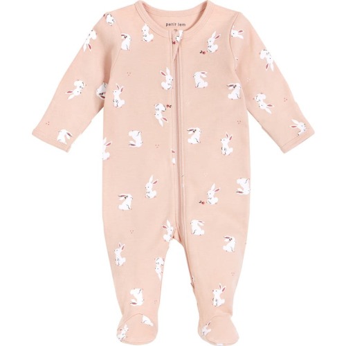 Baby Bunny Print Organic Cotton Zip Footie, Newborn, Light Pink