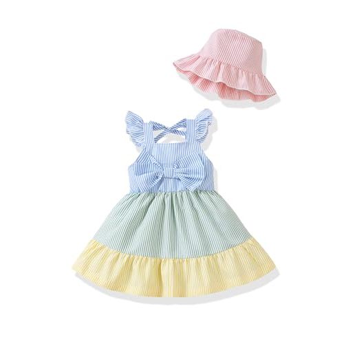 Renotemy Infant Baby Girl Dresses Toddler Girl Clothes Summer Cotton Linen Boho Smocked Sundress Gift for Girls with Hat