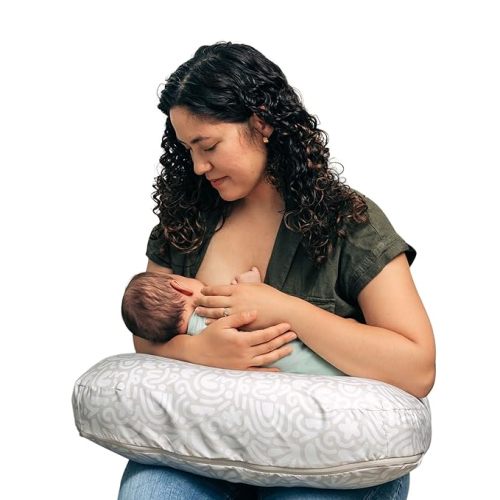 Boppy Nursing Pillow - Ergonomic Bottle & Breastfeeding Pillow with High, Firm, Large Area, Water-Repellent Cushion with Washable Cover; Baby Safety Alliance Verified - Cream Retro Squiggles