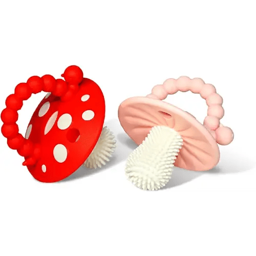 RaZbaby Soft Silicone Infant & Baby 3M+ Teether Toy Massaging Bristles Teething Relief Pacifier - Soothes Sore Gums - Hands-Free & Easy-to-Hold Chompy Teether, BPA Free (RED/Pink)